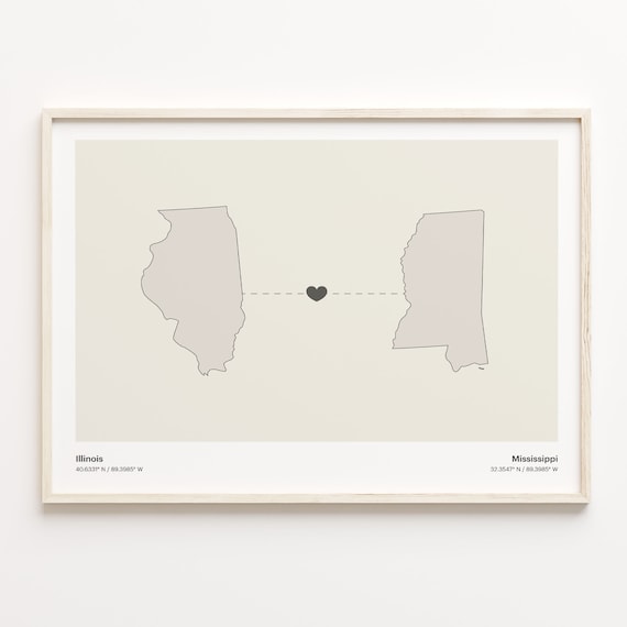Illinois To Mississippi Heart Connection Minimalist Map Poster