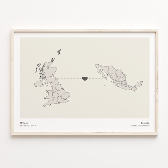 Britain To Mexico Minimalistic Heart Love Connection Map Poster