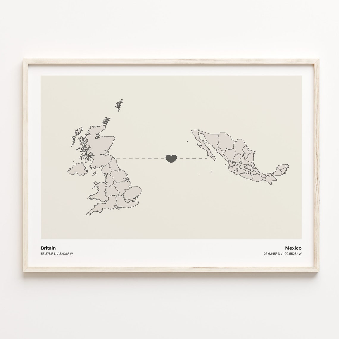 Britain To Mexico Minimalistic Heart Love Connection Map Poster