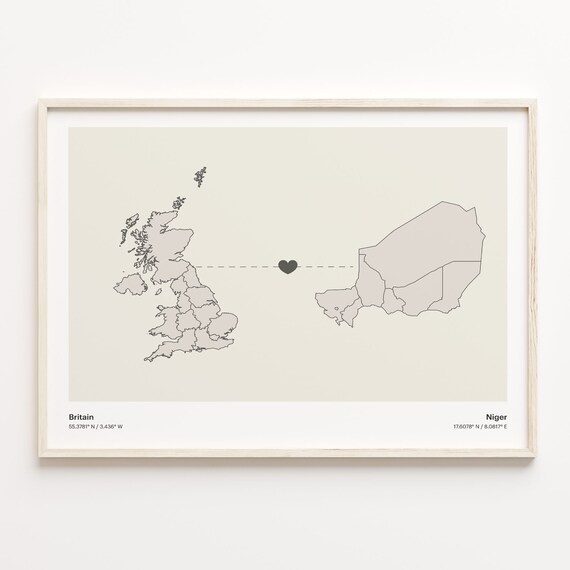Britain To Niger Heart Connection Minimalist Map Art Print Gift