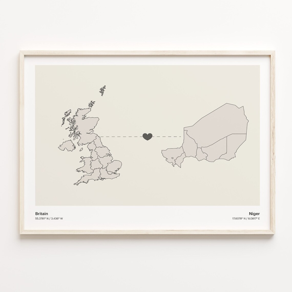 Britain To Niger Heart Connection Minimalist Map Art Print Gift