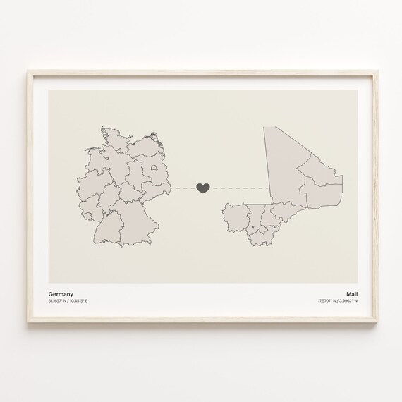 Germany To Mali Long Distance Love Minimalist Map Art Poster