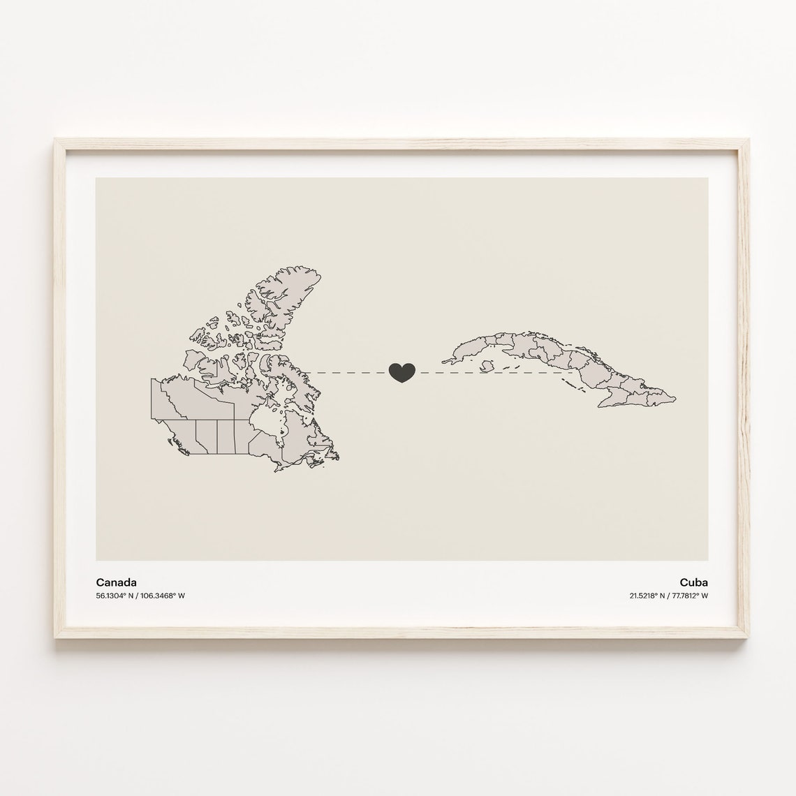 Canada To Cuba Soft Beige Heart Connection Minimalist Map Poster