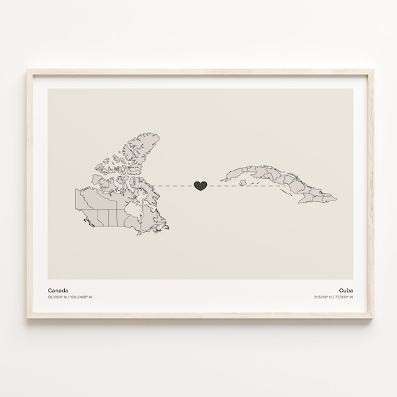 Canada To Cuba Soft Beige Heart Connection Minimalist Map Poster