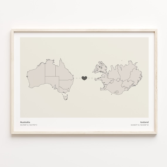 Australia to Iceland Long Distance Heart Map Connection Poster