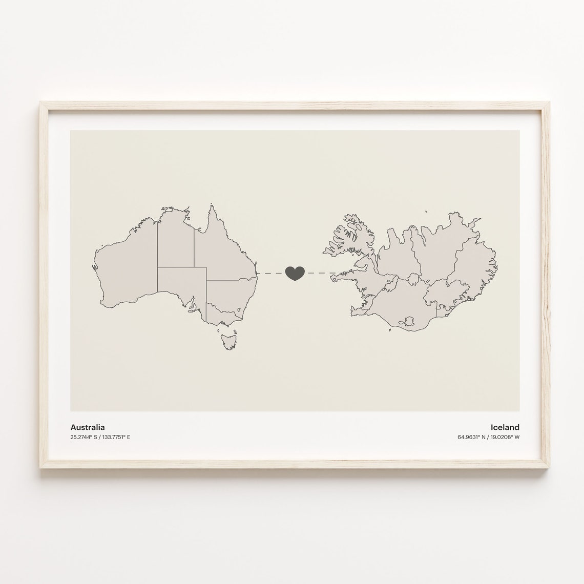 Australia to Iceland Long Distance Heart Map Connection Poster