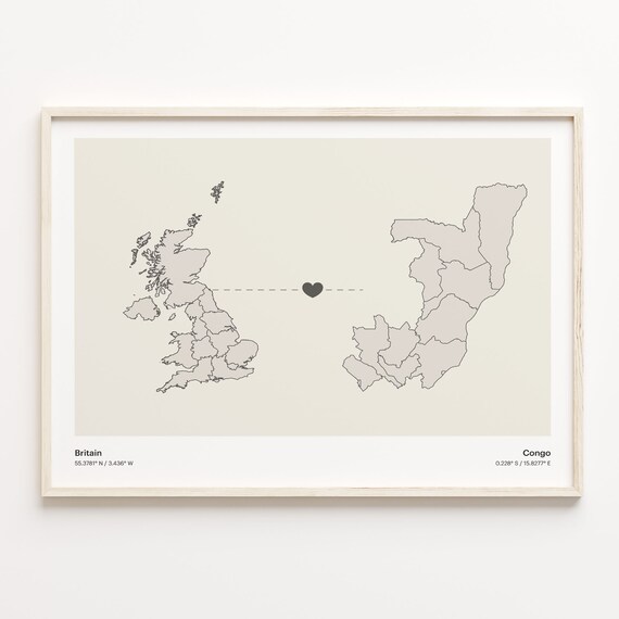 Britain To Congo Minimalist Long Distance Heart Connection Map Poster