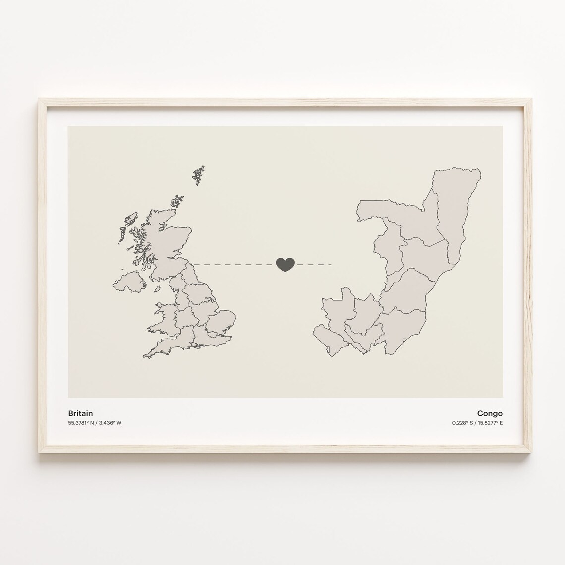 Britain To Congo Minimalist Long Distance Heart Connection Map Poster