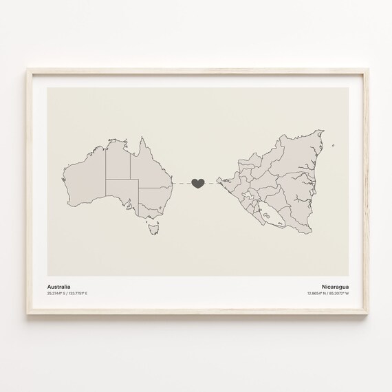 Australia Nicaragua Long Distance Heart Map Minimalist Love Print