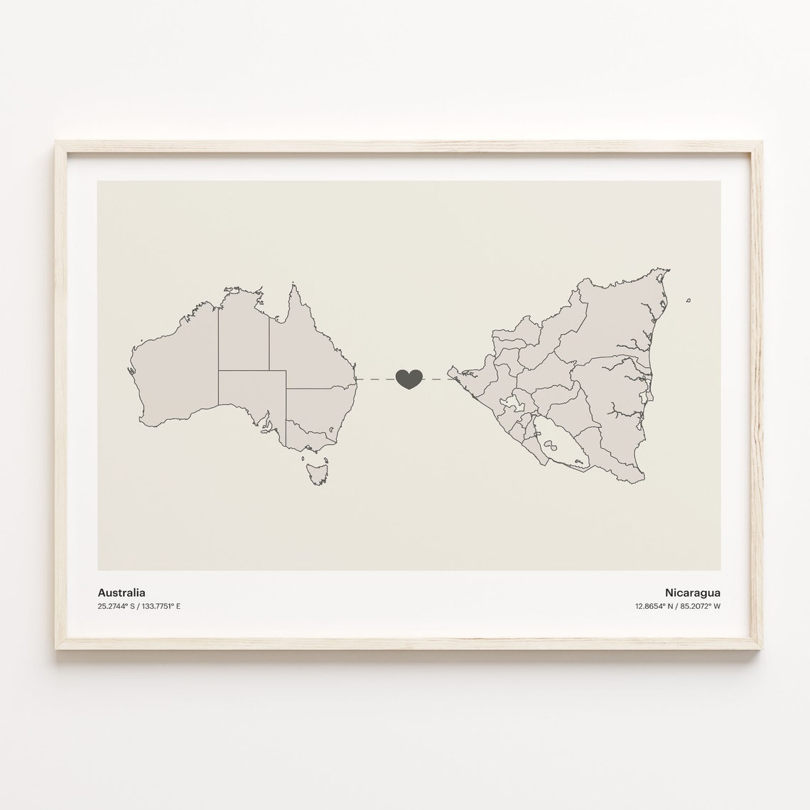Australia Nicaragua Long Distance Heart Map Minimalist Love Print