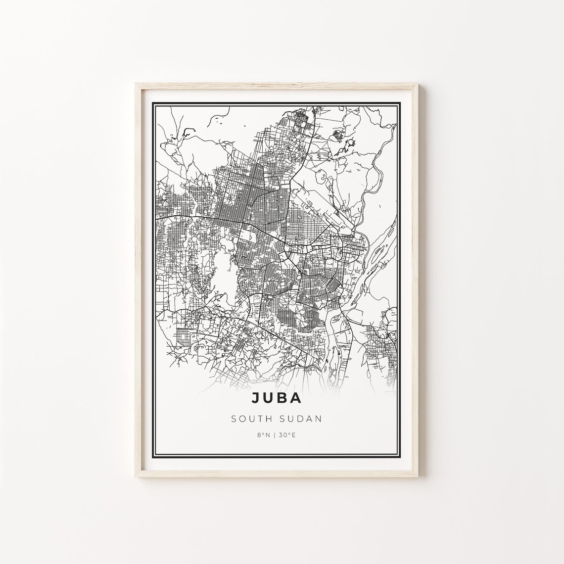 Juba South Sudan Black and White Street Map Minimalist Decor Poster