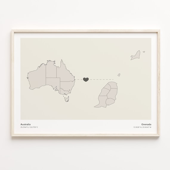 Australia to Grenada Long Distance Heart Connection Map Poster