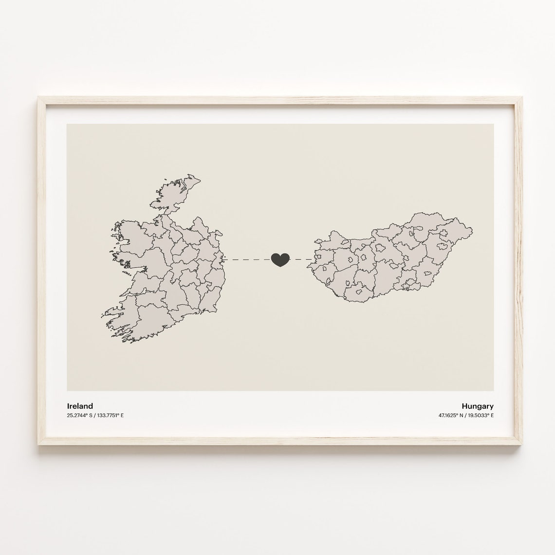 Ireland to Hungary Minimalist Heart Connection Map Art Poster
