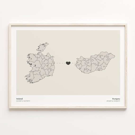 Ireland to Hungary Minimalist Heart Connection Map Art Poster