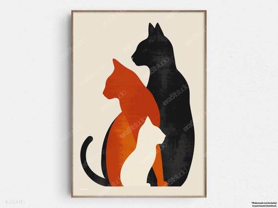 Silhouetted Cats Trio Original Midcentury Modern Minimalist Wall Art
