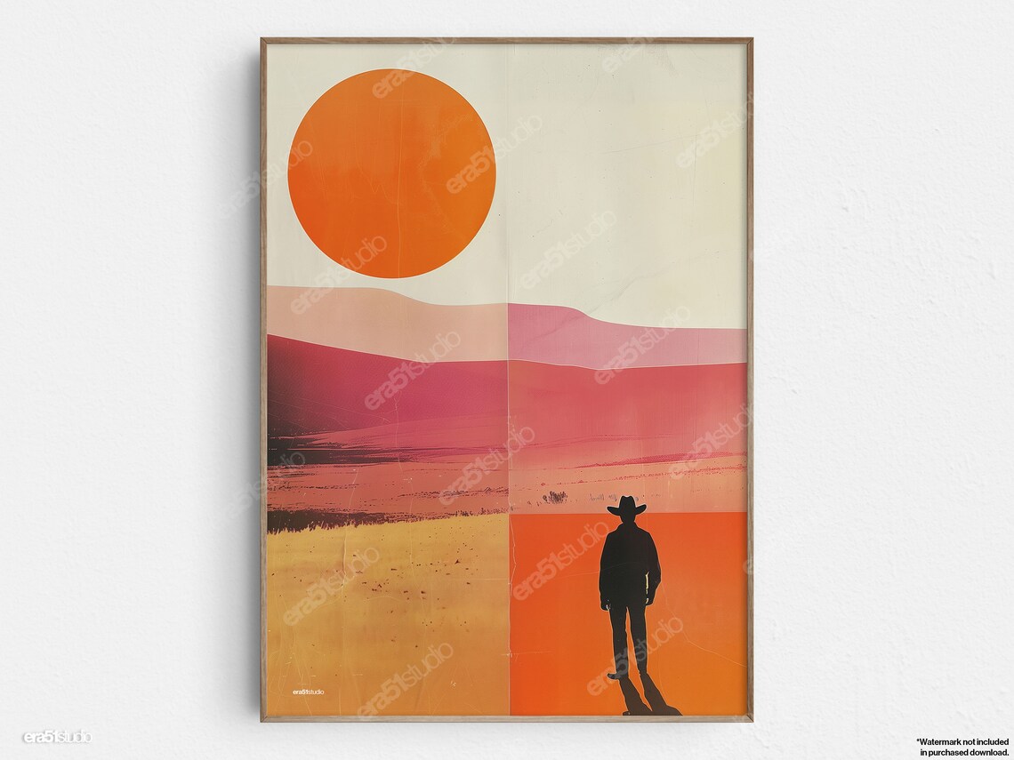 Wild West Cowboy Sunset Silhouette, Mid-Century Poster