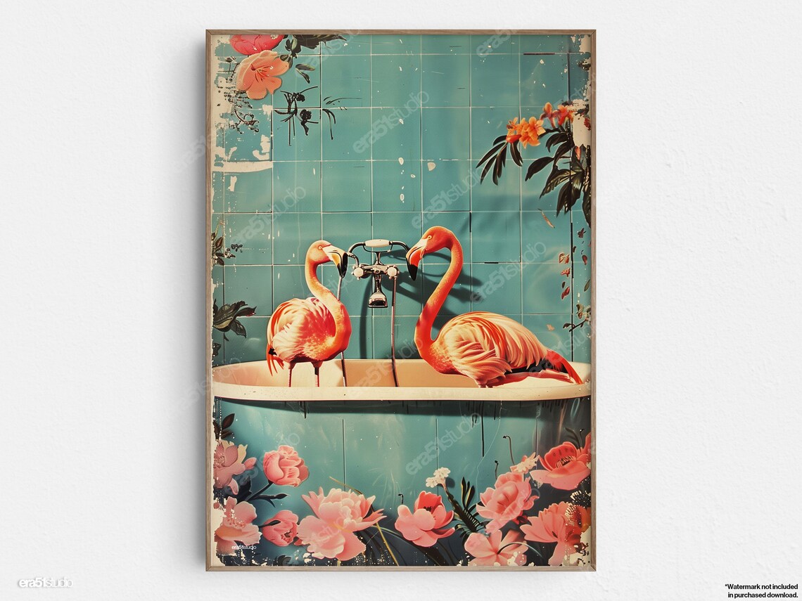 Flamingos In Floral Bath, Mid-Century Modern Art Print