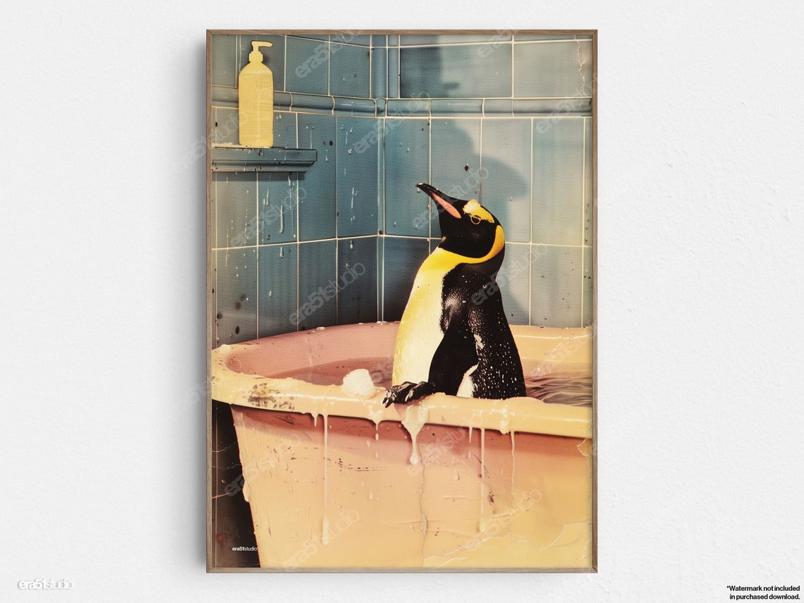 Penguins Bath Time Original Midcentury Modern Minimalist Wall Art