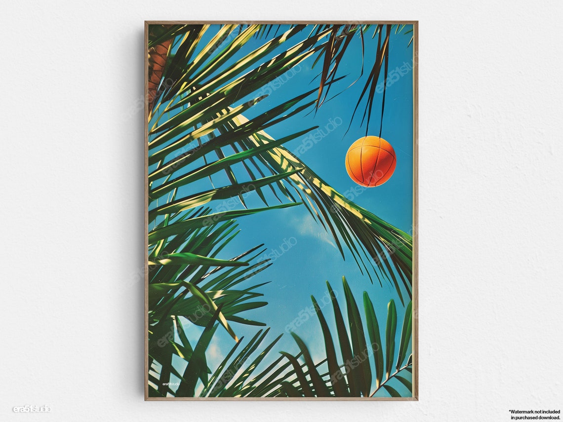 Basketball Amidst Palms Original Midcentury Modern Minimalist Wall Art