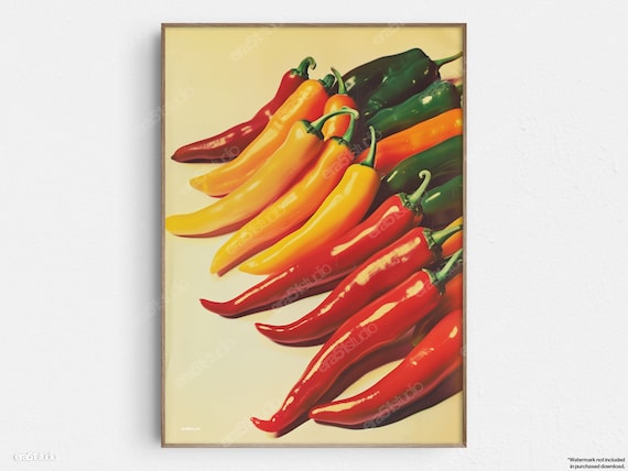 Spicy Pepper Spectrum Rainbow Chili Rows Vintage Food Art Poster