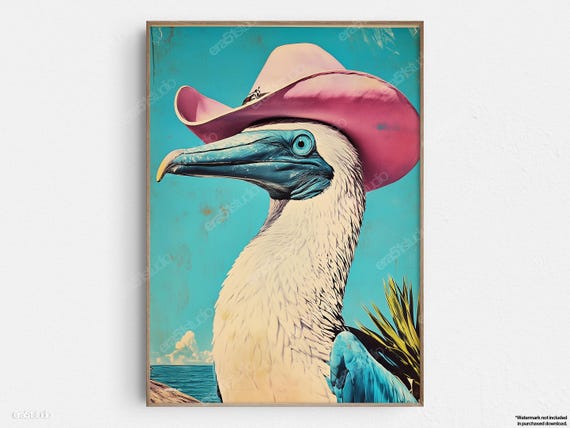 Cowboy Bluefooted Booby Bird Original Midcentury Modern Minimalist Wall Art