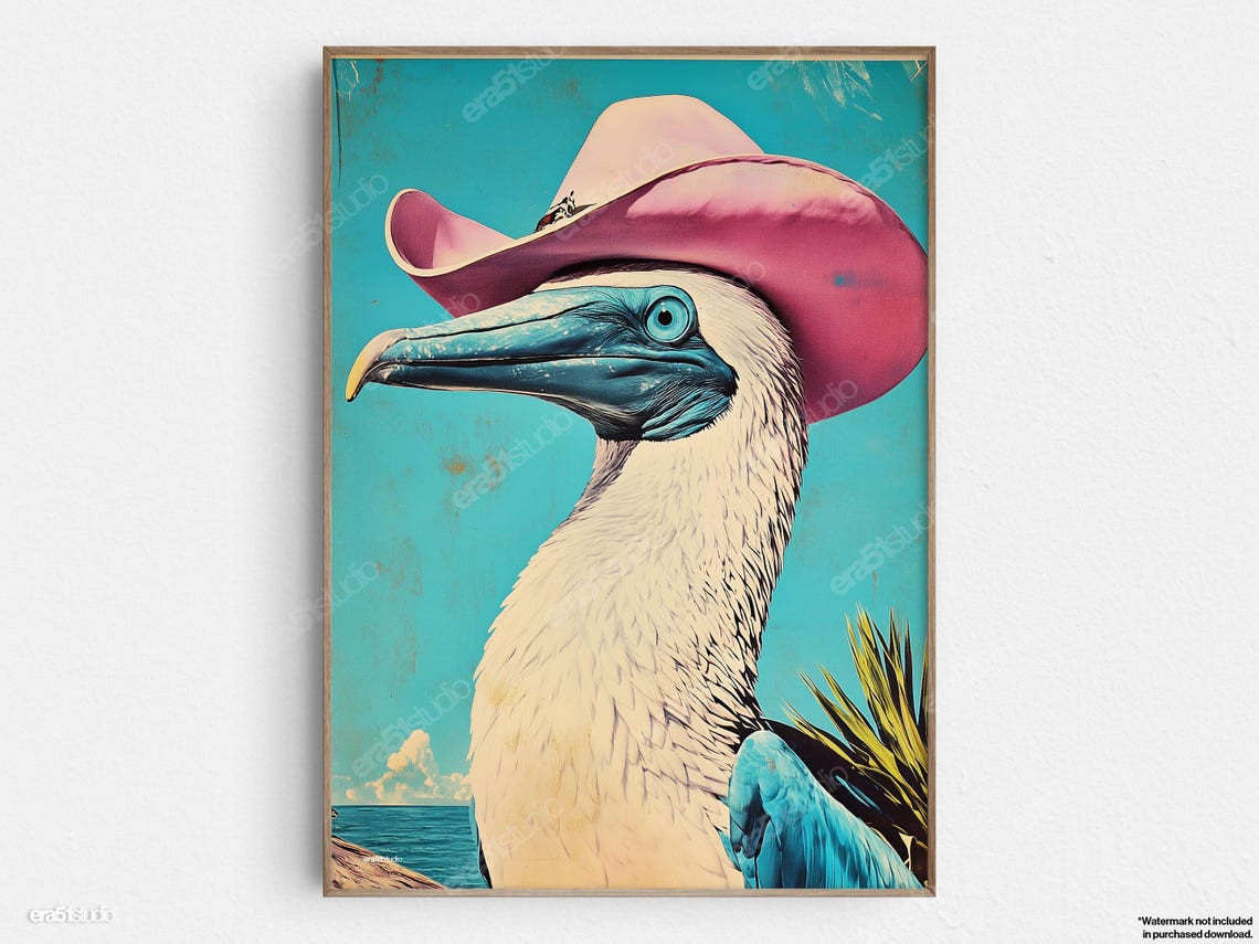 Cowboy Blue Footed Booby in Pink Hat Retro Beach Bird Poster