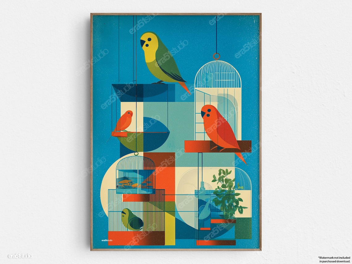 Colorful Budgies Parakeets Geometric Midcentury Bird Cage Print