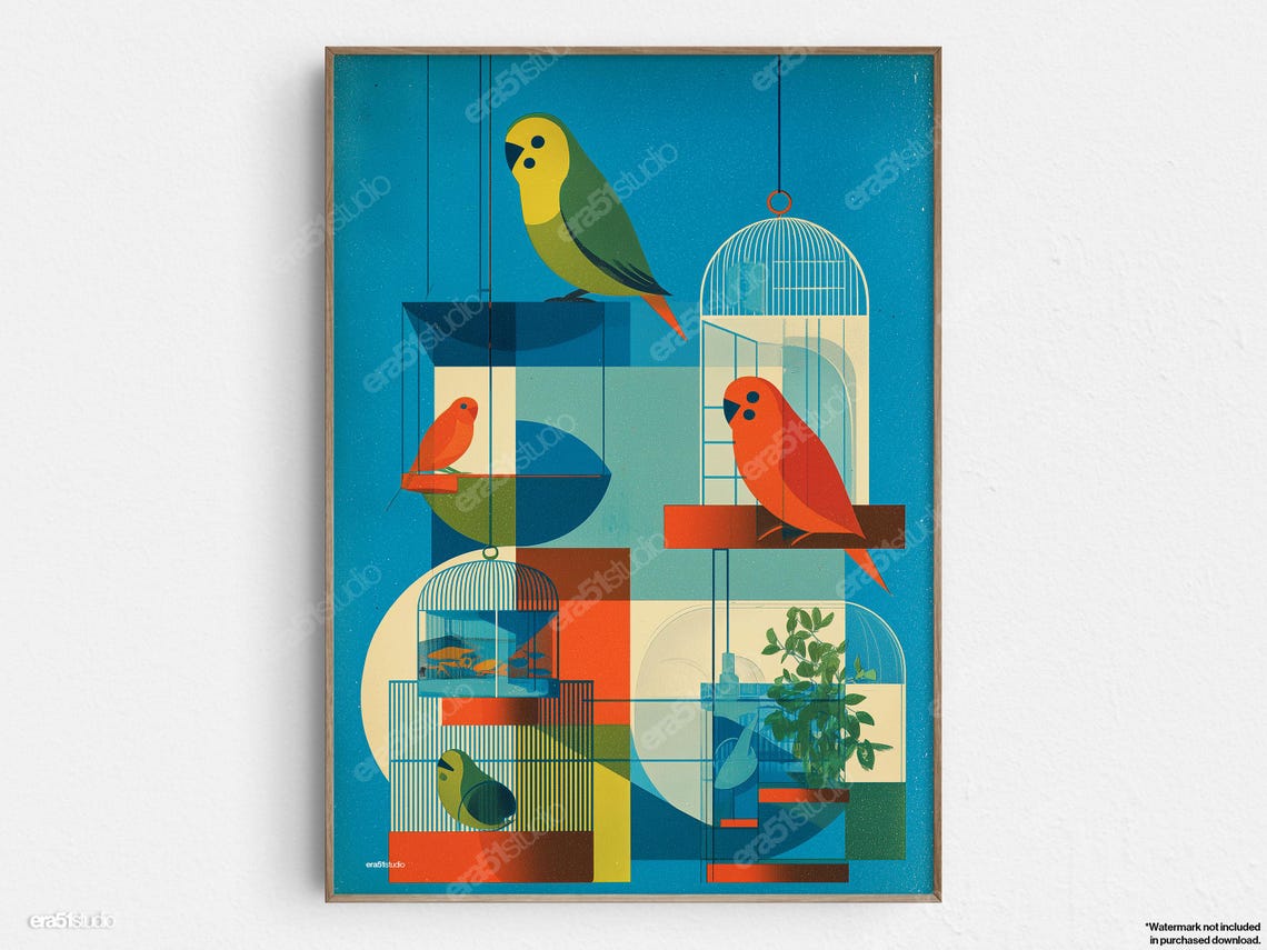 Parrots Budgies And Parakeets Original Midcentury Modern Minimalist Wall Art