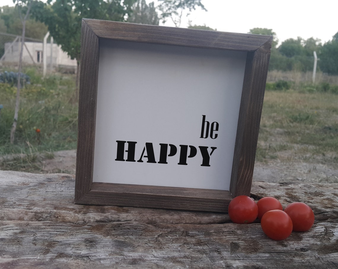 Be Happy Minimalist Typography Rustic Farmhouse Wood Sign Wall Art - Image 3