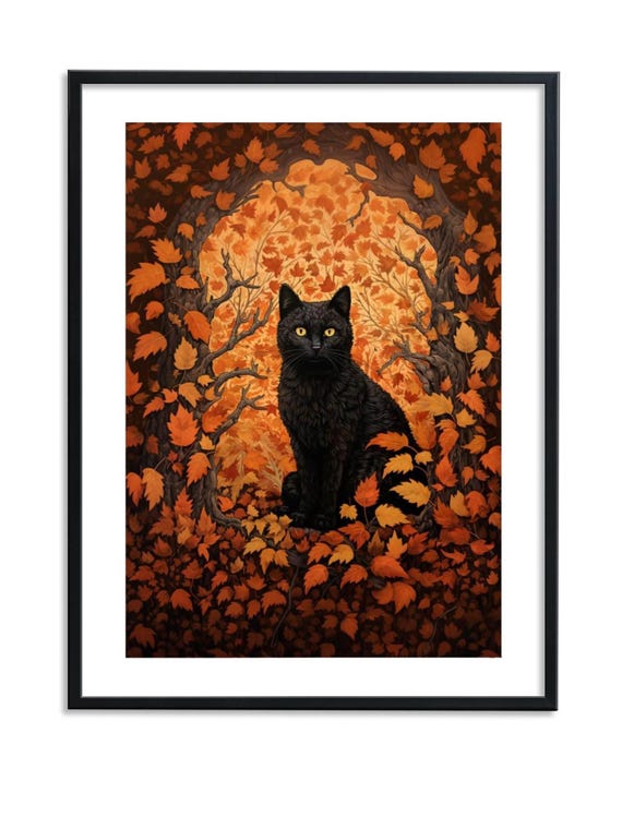 Black Cat Wall Art Halloween Print Poster Autumn Prints Witchy Decor Orange Fall Lover Gift