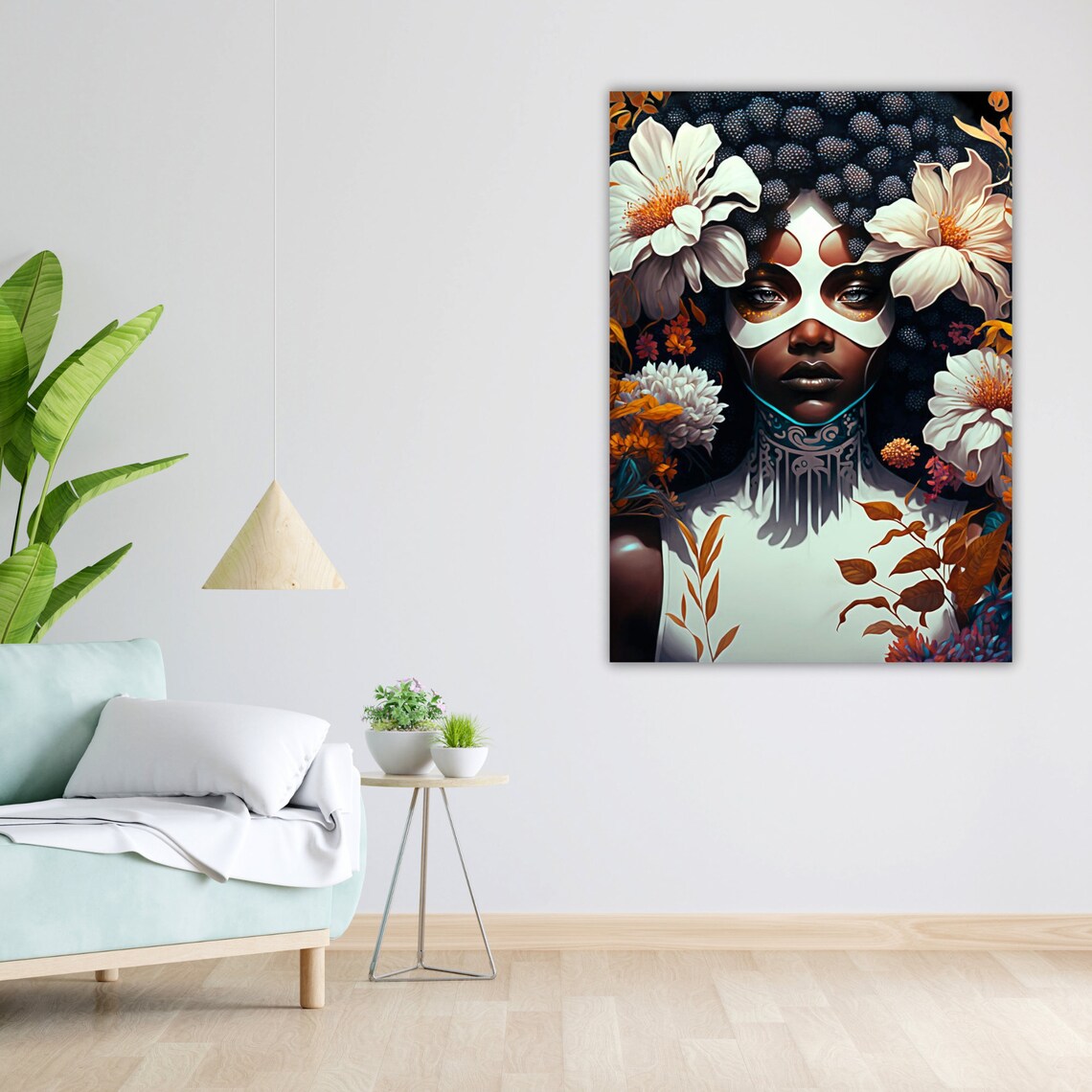 Tribal Face Paint African Woman Floral Afro Portrait Dramatic Wall Art - Image 4