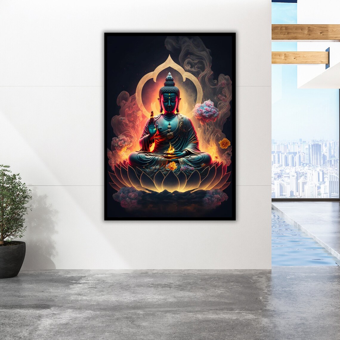 Buddha Lotus Flower Fiery Orange Aura Dark Meditation Art Poster - Image 2