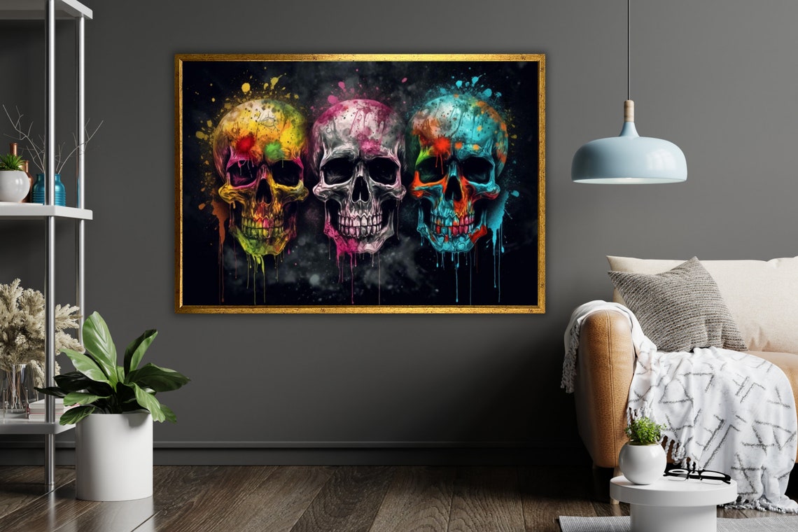 Three Colorful Graffiti Skulls Black Background Street Art Wall Poster - Image 5