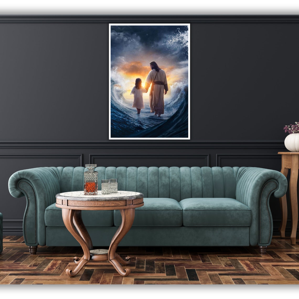 Jesus Child Walking Parted Sea Waves Sunset Dramatic Art Poster - Image 2