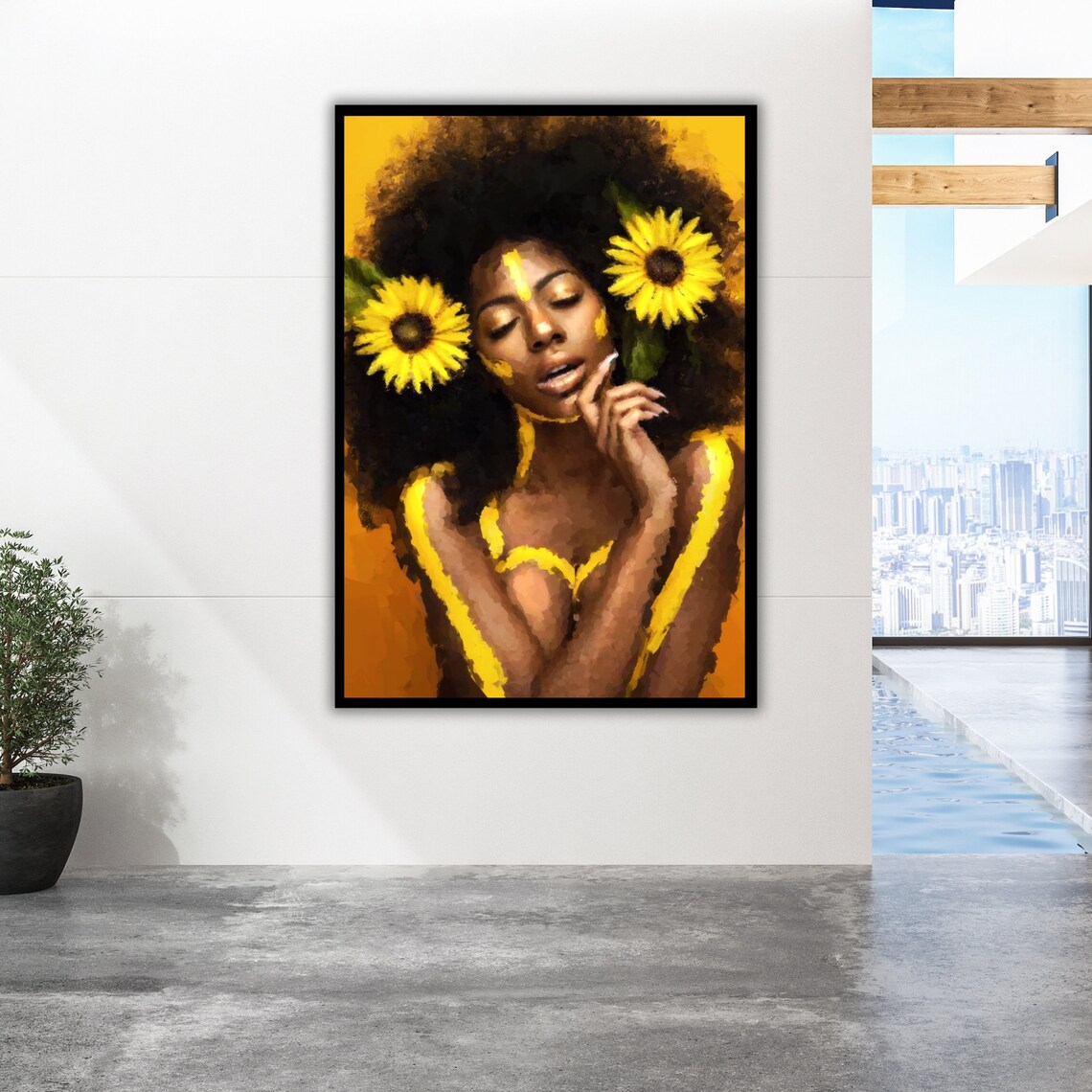 Golden Sunflower Woman Afro Hair Radiant Yellow Portrait Art Poster - Image 2
