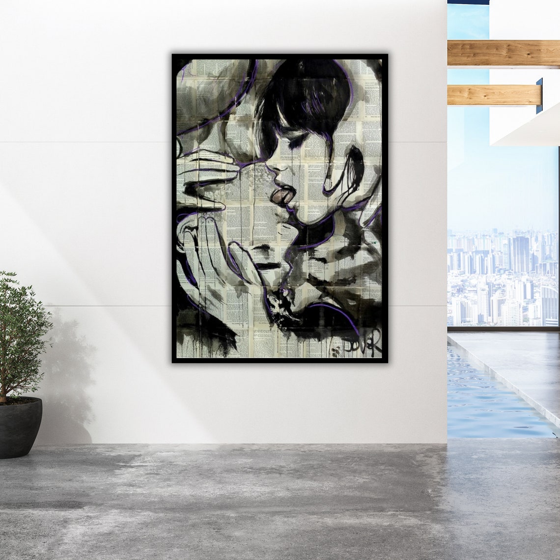 Kissing Couple Ink Sketch Newspaper Collage Black White Art Poster - Image 2