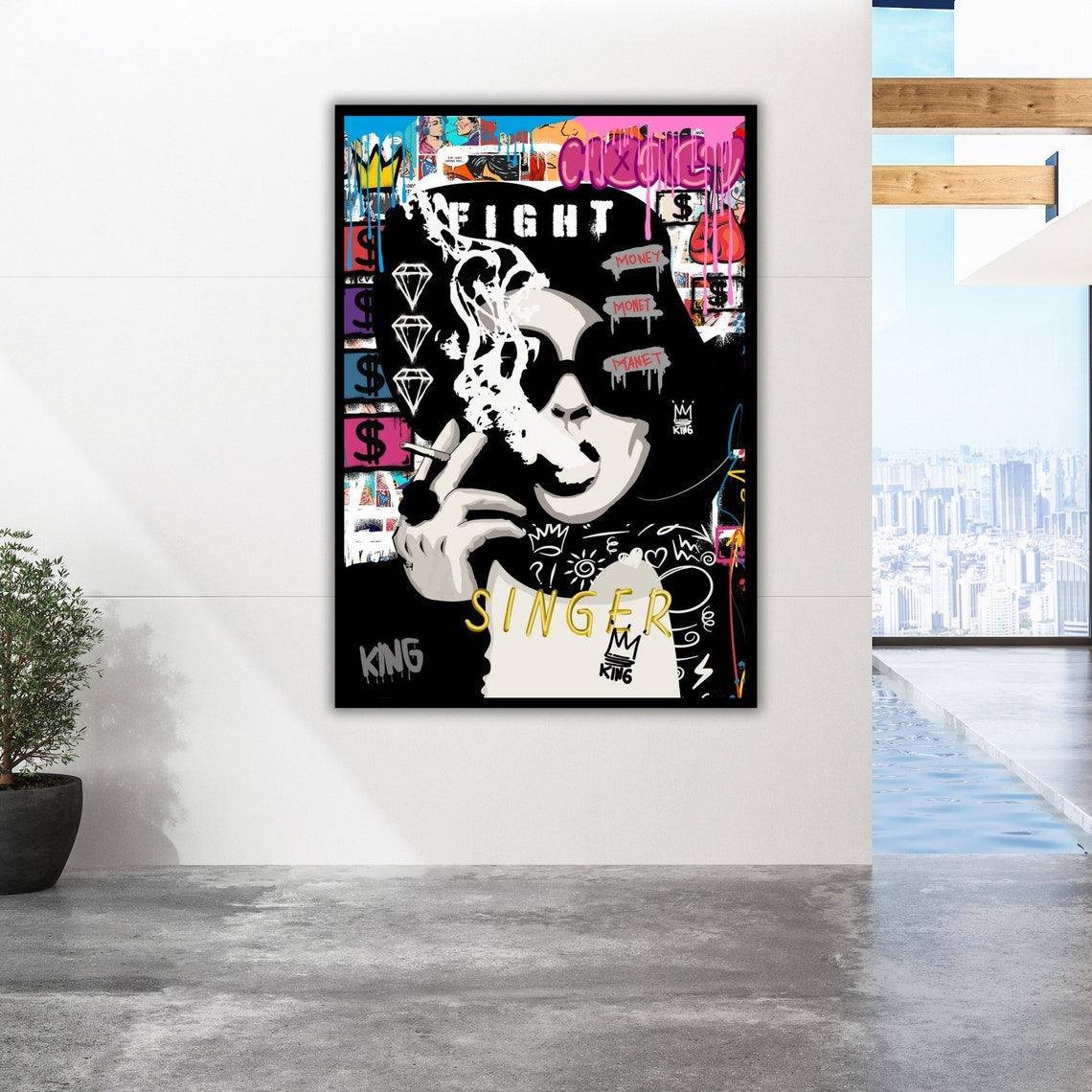 Pop Art Singer Portrait Sunglasses Cigarette Money Graffiti Poster - Image 2