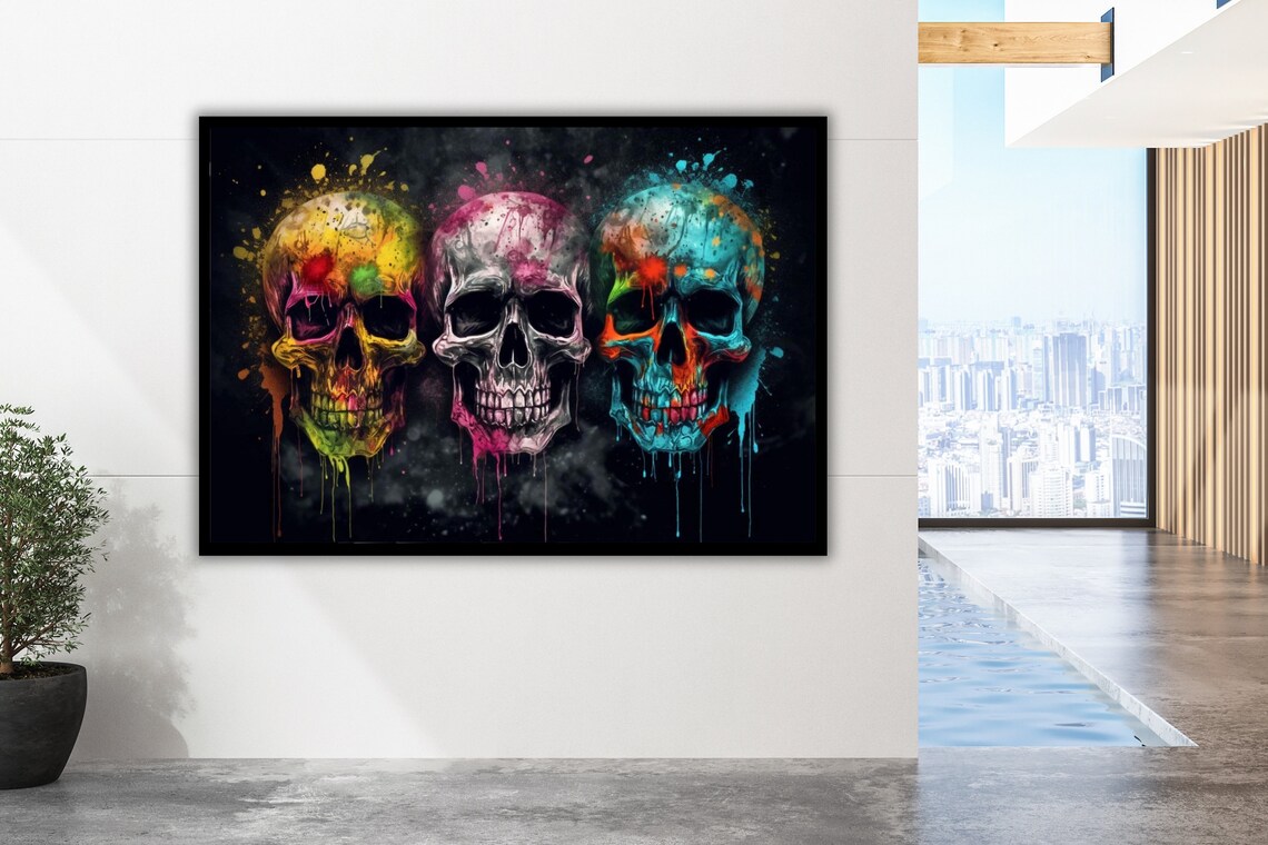 Three Colorful Graffiti Skulls Black Background Street Art Wall Poster - Image 2