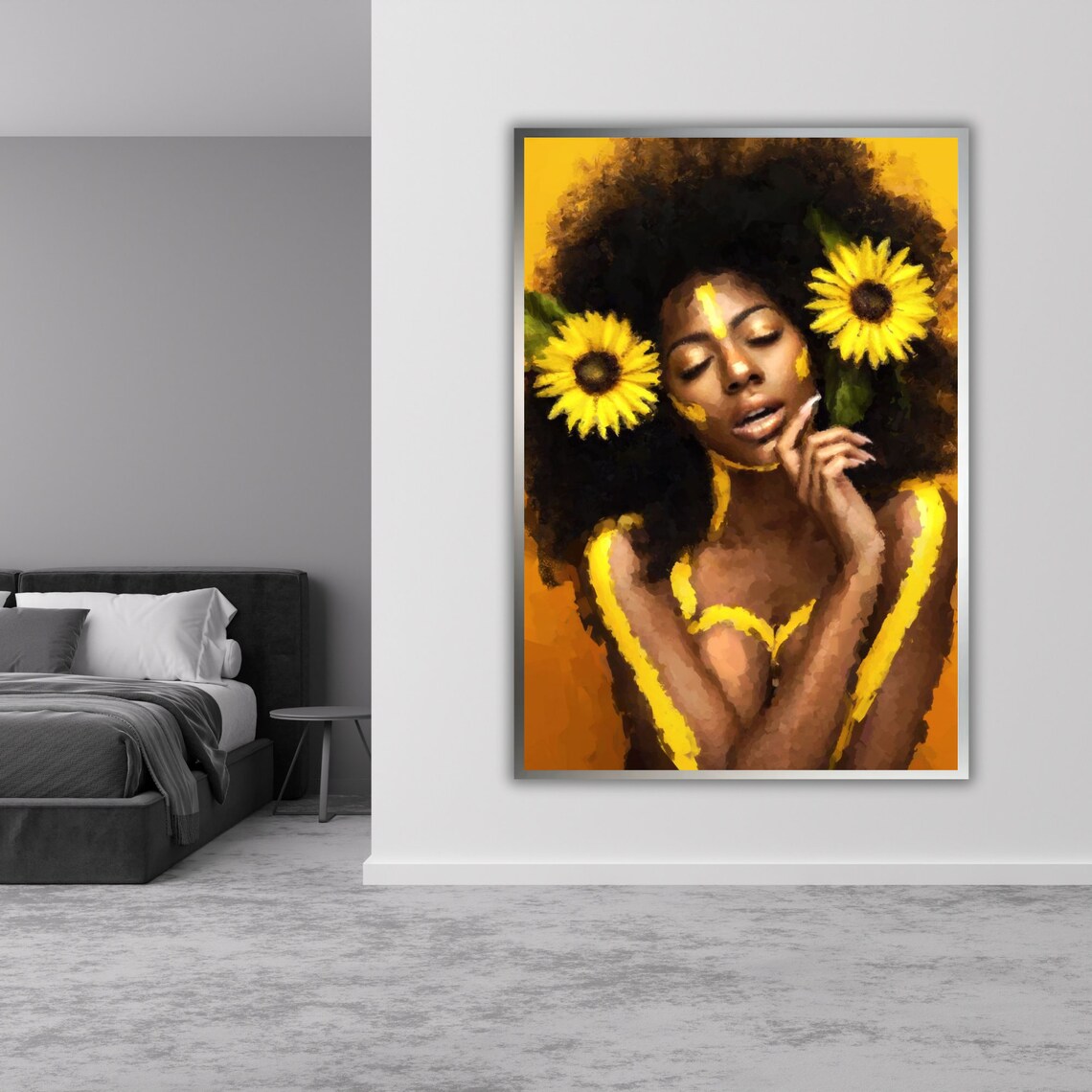 Golden Sunflower Woman Afro Hair Radiant Yellow Portrait Art Poster - Image 4