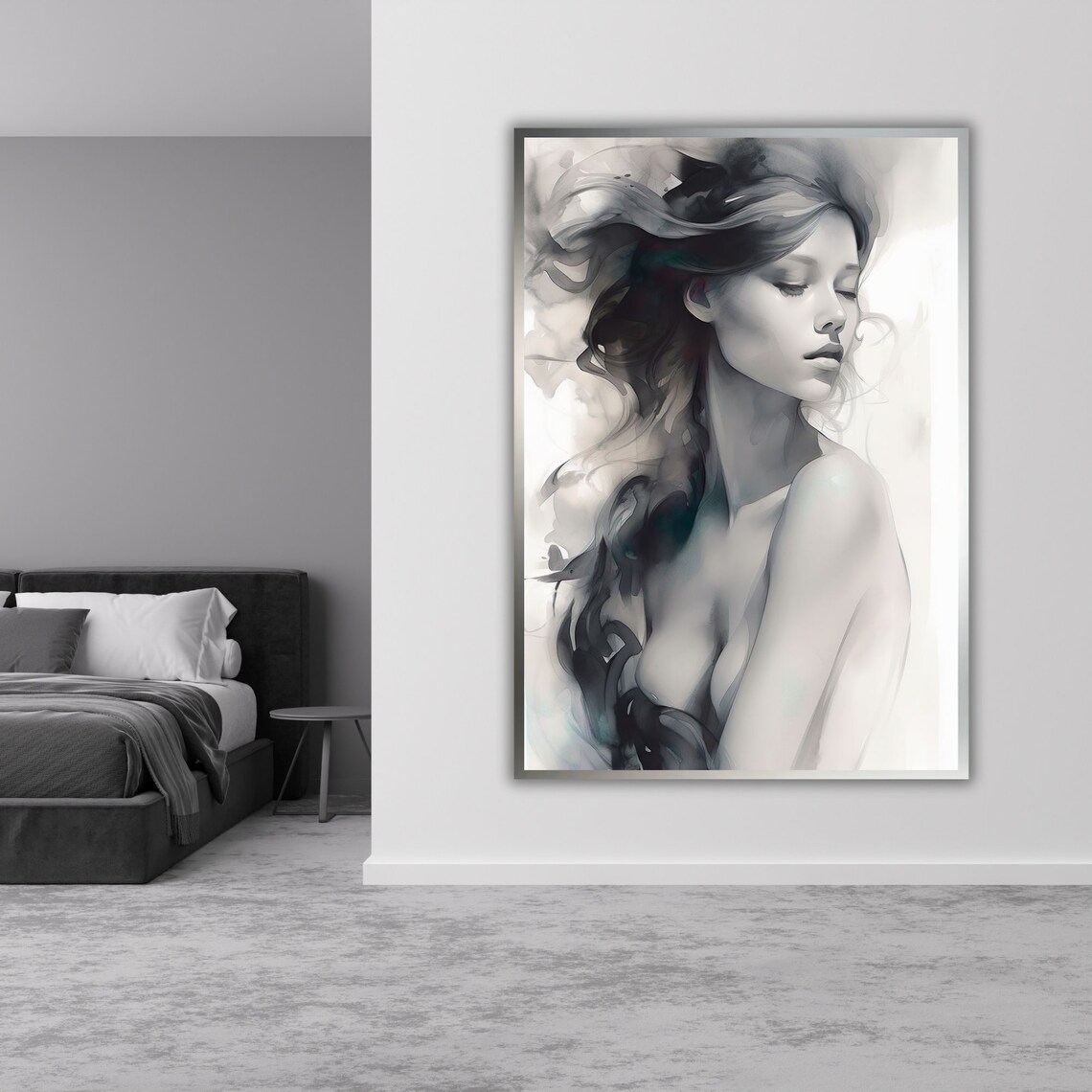 Black and White Watercolor Woman Portrait Flowing Hair Art Poster - Image 5