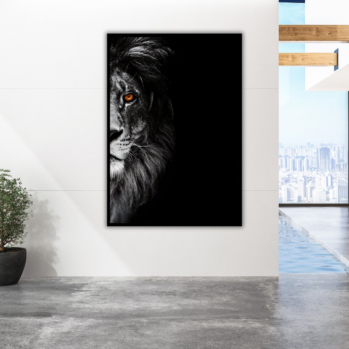 Lion Crimson Gaze Half Face Glowing Eye Dark Wildlife Art Poster - Image 5