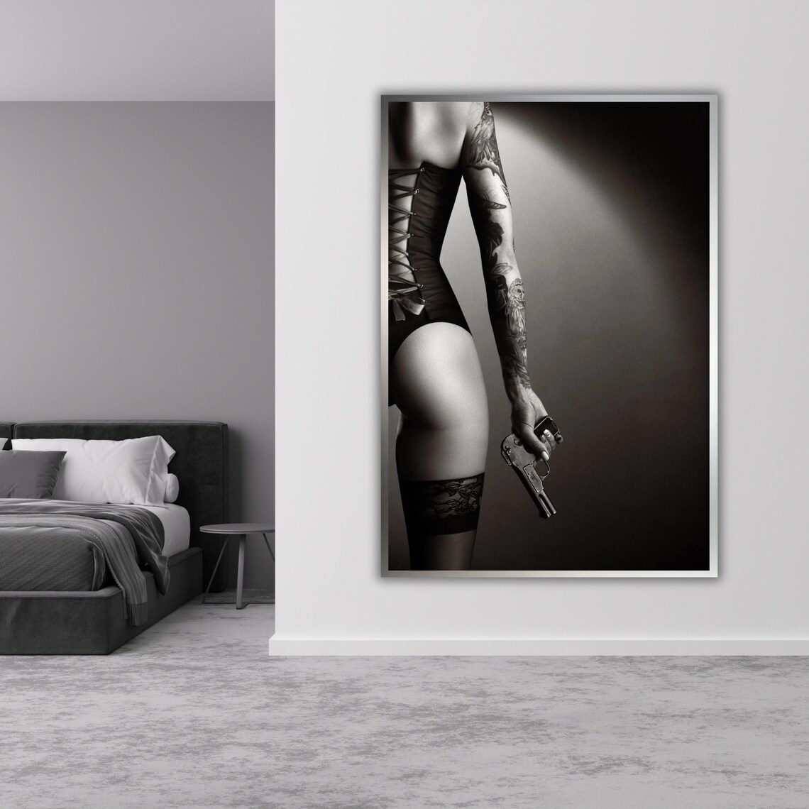Tattooed Woman Corset Pistol Monochrome Noir Nude Art Print Poster - Image 5