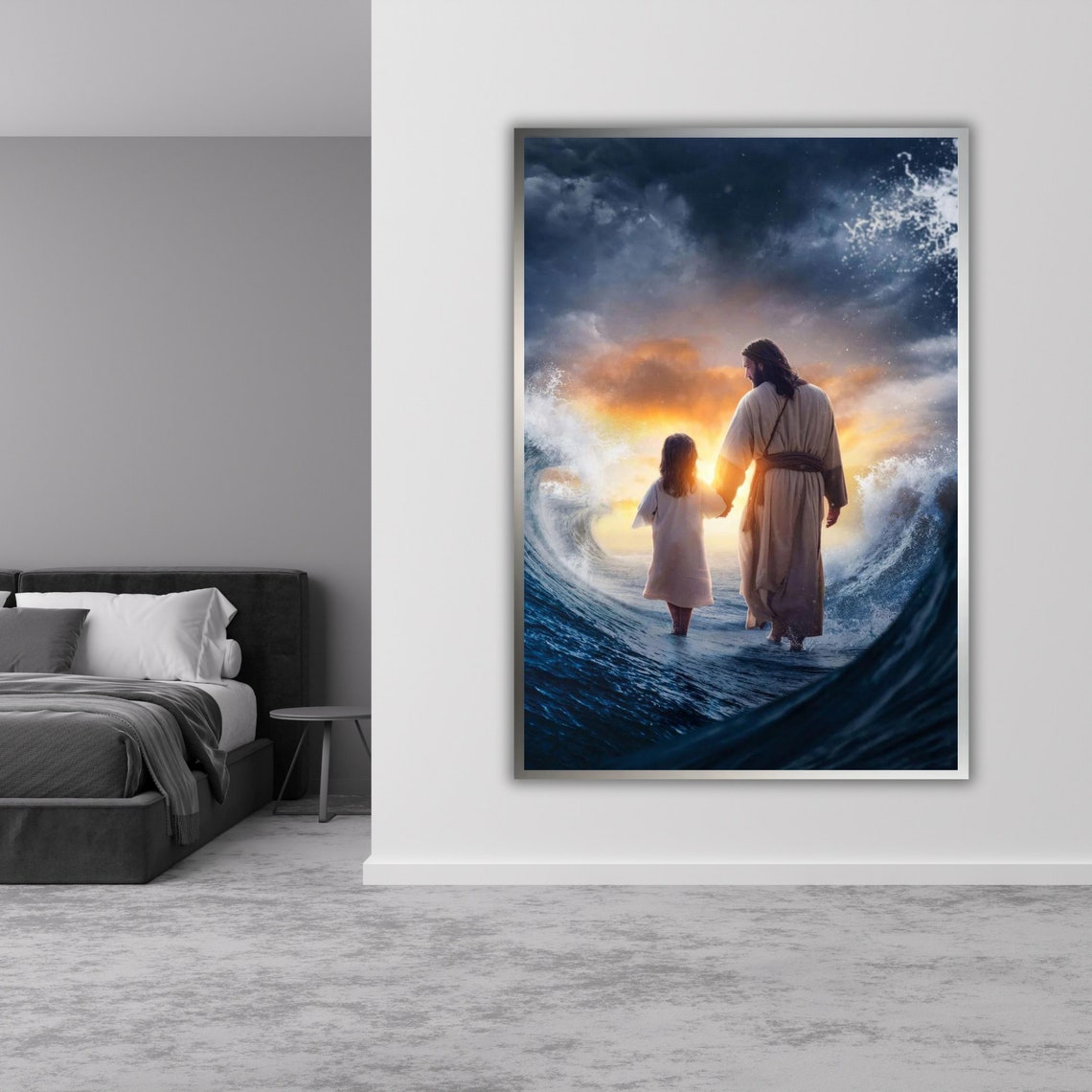 Jesus Child Walking Parted Sea Waves Sunset Dramatic Art Poster - Image 3
