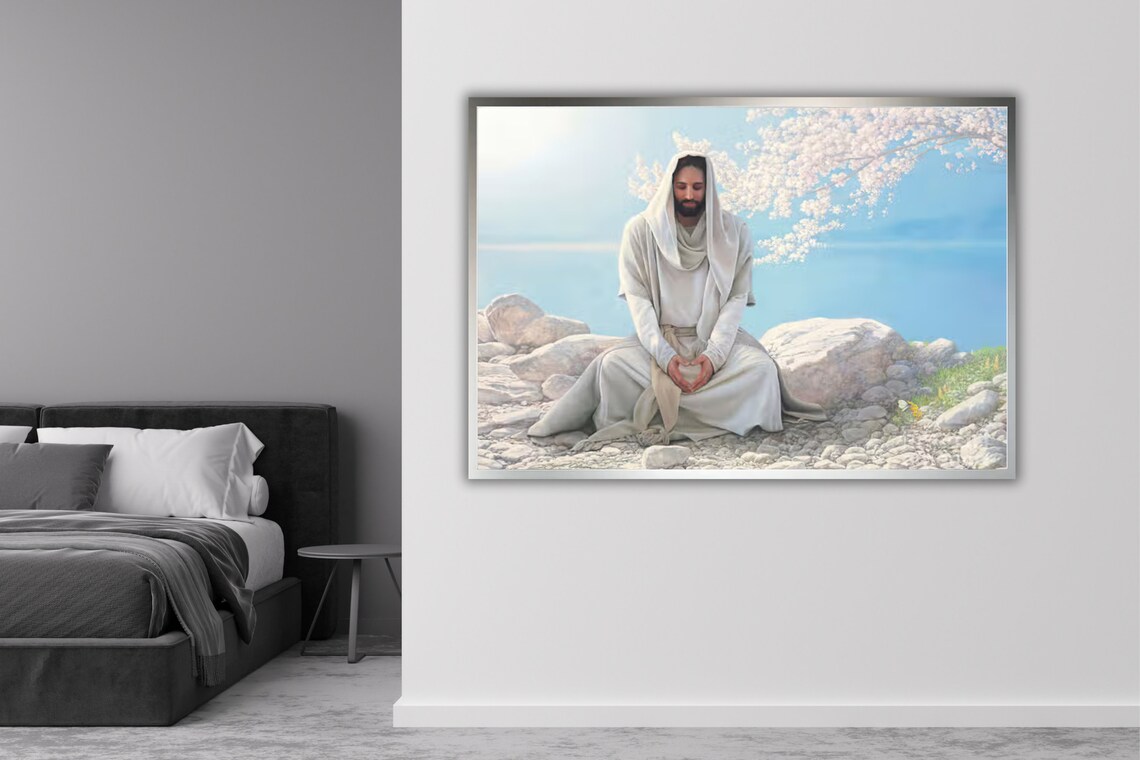 Jesus Sitting On Rocky Shore Hands In Heart Shape Peaceful Christian Poster - Image 4