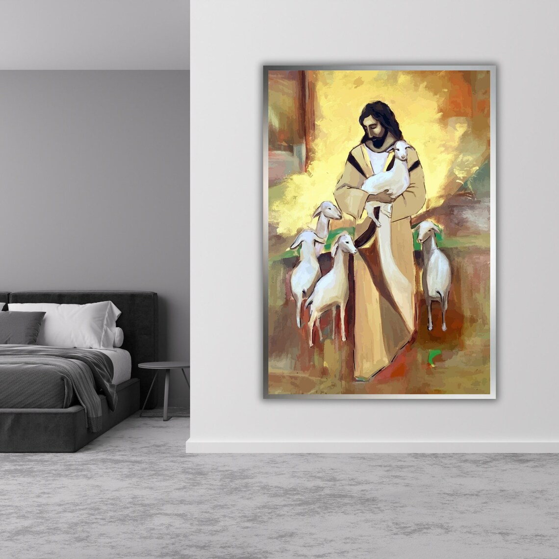Jesus Good Shepherd White Lamb Sheep Golden Warm Art Print Poster - Image 2