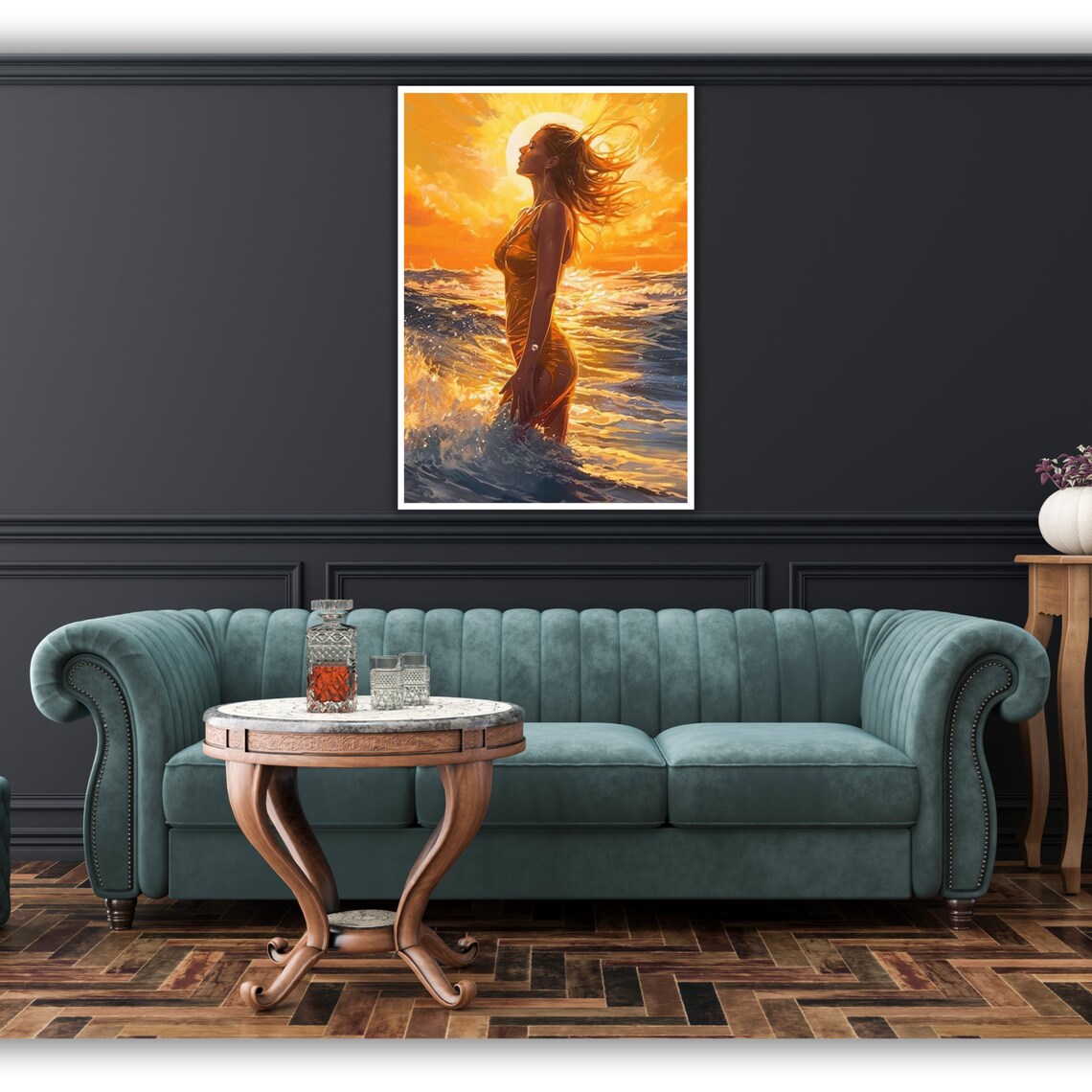 Woman in Ocean Waves Tranquil Golden Sunset Beach Art Poster - Image 4
