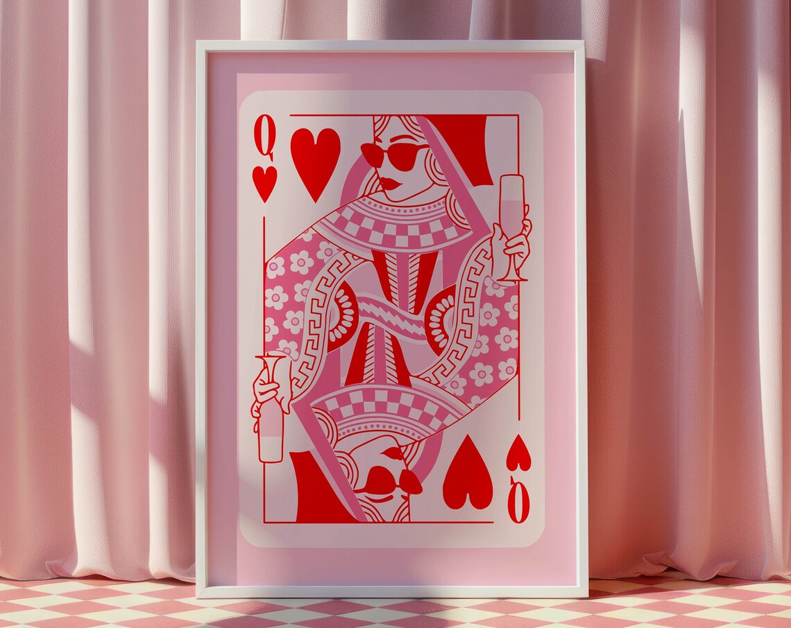Queen Of Hearts Playing Card Poster, Preppy Y2K Decor