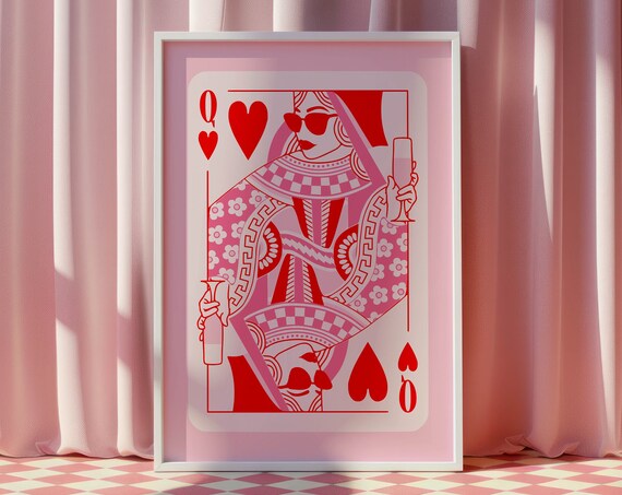 Queen Of Hearts Playing Card Poster, Preppy Y2K Decor