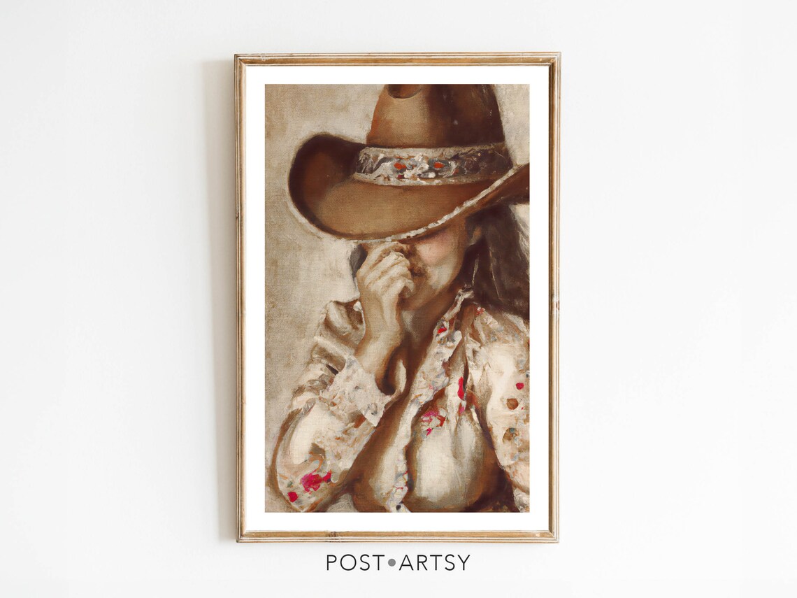 Cowboy Girl Hat Watercolor Shy Western Woman Portrait Wall Art