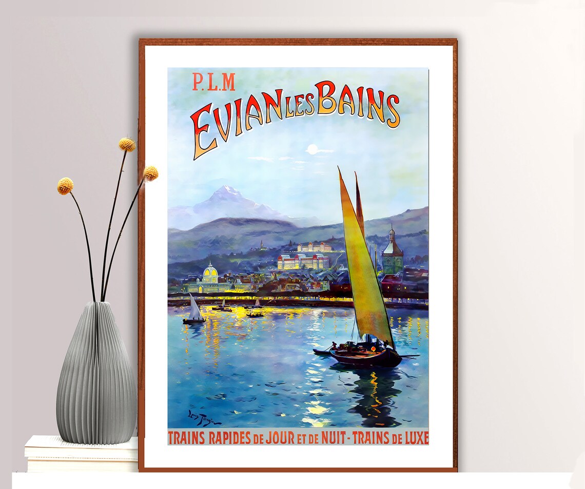 Evian les Bains PLM Lake Geneva Sailing Vintage Travel Poster